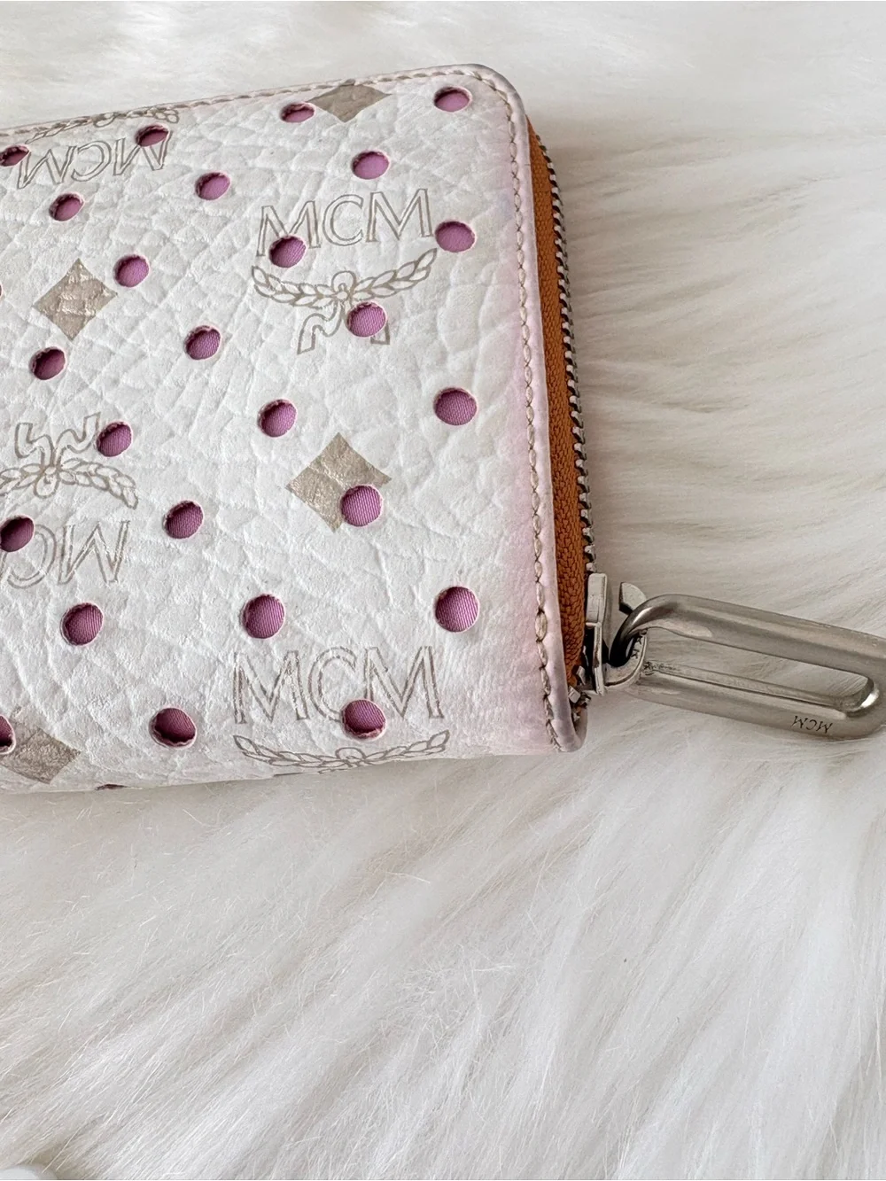 MCM Monogram White Perforated Zip Wallet with Purple Liner. LIMITED EDITION!